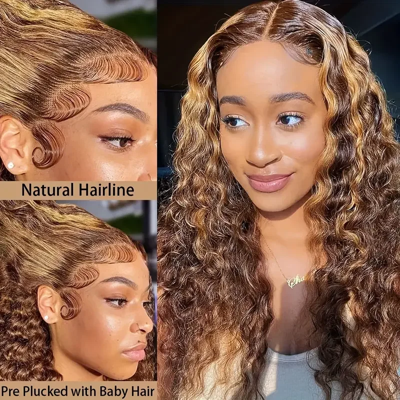 

13x4 Wig Water Wave Lace Front Wig Human Hair Ombre Brown Highlight Honey Blonde Color 4/27 Wig 5x5 Transparent Lace Closure