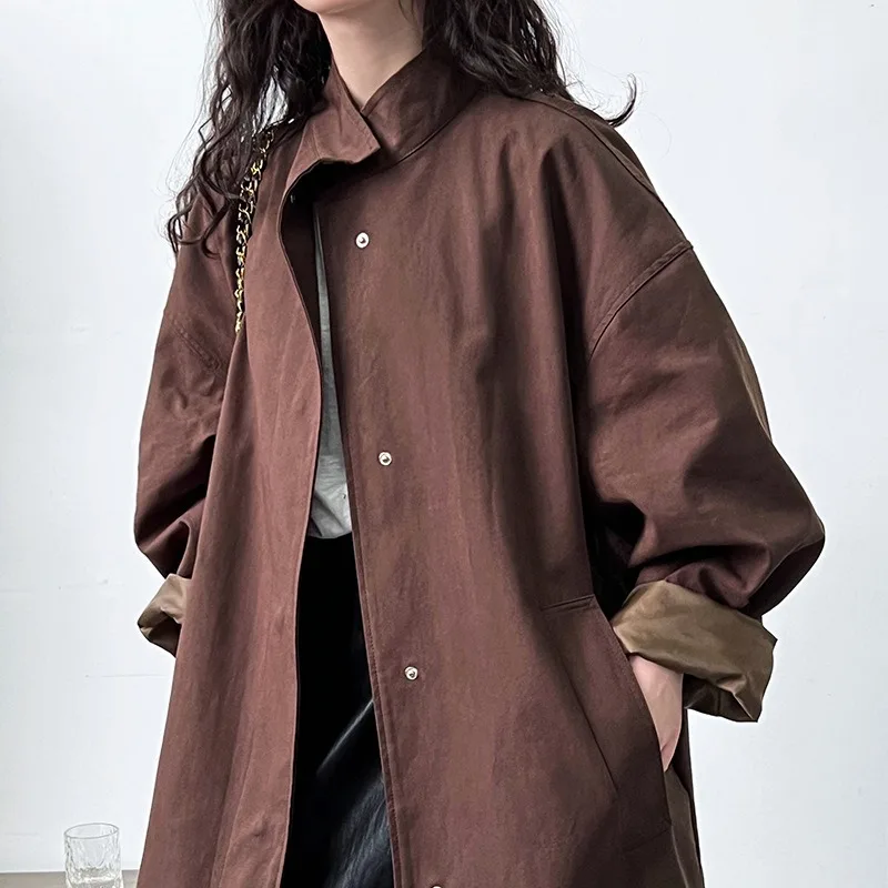 Simple Fashion Trench Coat Women Spring Autumn Stand-up Collar Single Breasted Loose Casual Brown Black Windbreaker Jacket Tops