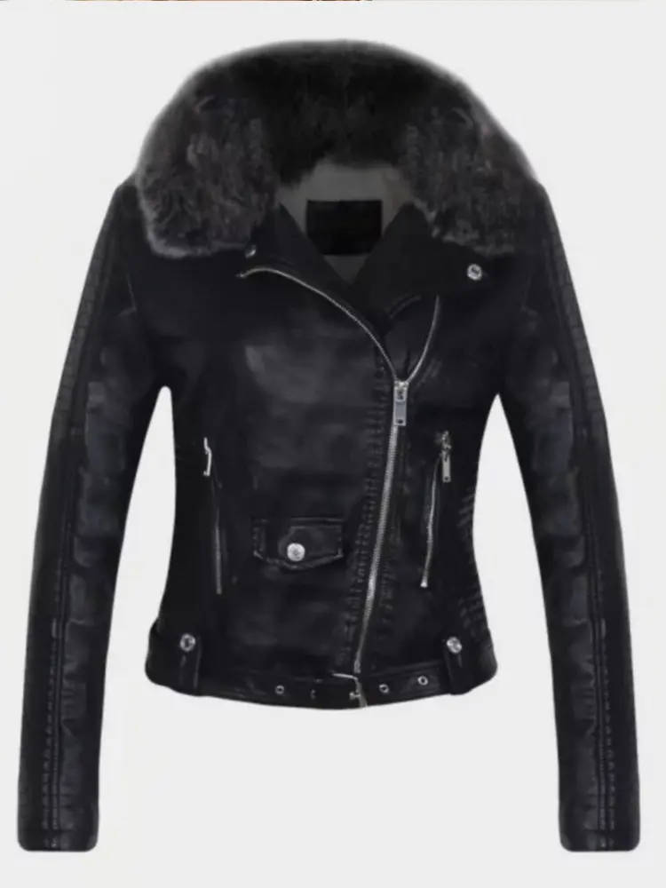 2025 Hot Fashion Women New Winter Warm Faux Leather Jackets with Fur Collar Belt Ladies Thick Black Moto & Biker Outerwear Coats