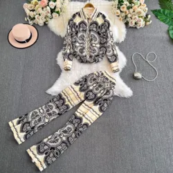 Women Vintage Print 2 Piece Set Chic Lapel Long Sleeved Blouse Top Loose Straight Leg Pants Suit Fashion Streetwear Outfits