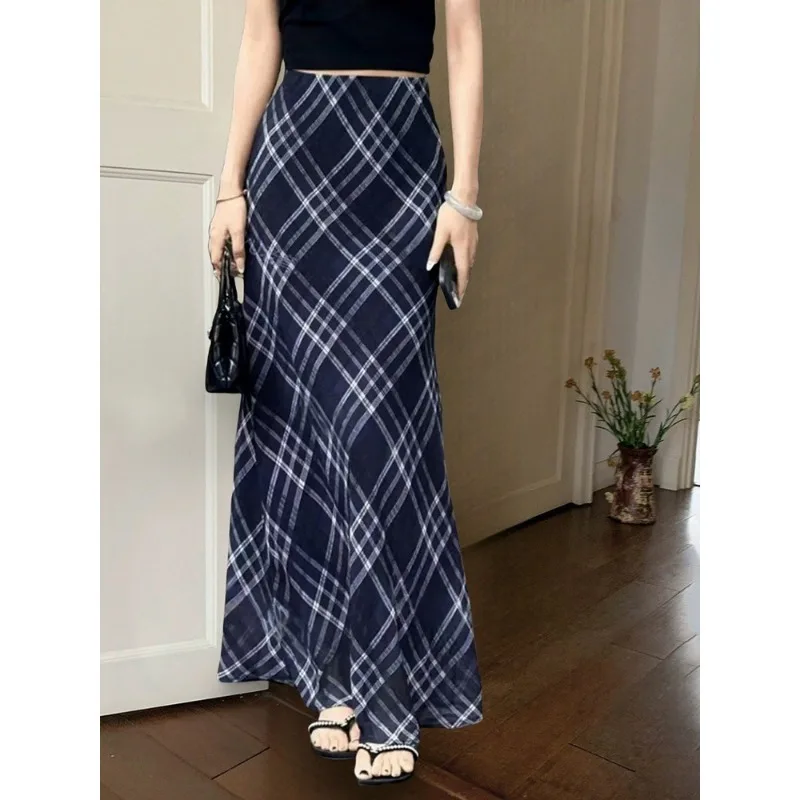 Retro Artistic Blues Lightweight Yarn Texture Plaid Half Skirt for Women Fishtail Skirt for Summer Slimming Plaid Temperament