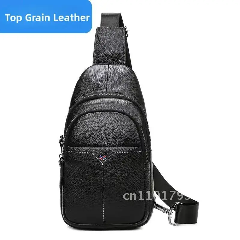 Men's Casual Leather Chest Bag Top Layer Cowhide Crossbody Shoulder Bag Urban Minimalist Breathable Solid Color Polyester Lining
