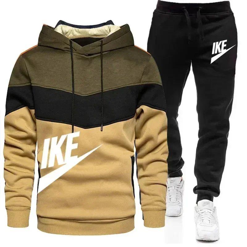 

Men's sport casual wear, with warm fleece lining, three-color patchwork stitching, a hooded sports shirt, sports pants, a fashio