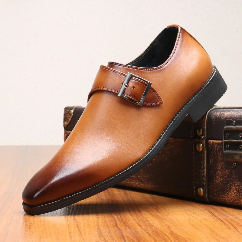 Brand Designer Mens Dress Shoes Classic PU Leather Buckle Monk Strap Brown Black Office Business Formal Shoes for Men