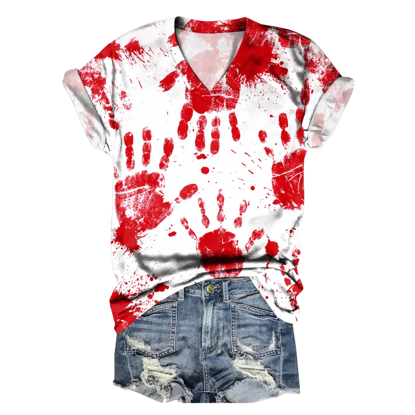هالوين تي شيرت الدم سبلاش نمط المرأة بلايز الصيف الدموية المطبوعة قصيرة الأكمام قميص الخامس الرقبة الرعب الدموي Harajuku تيز
