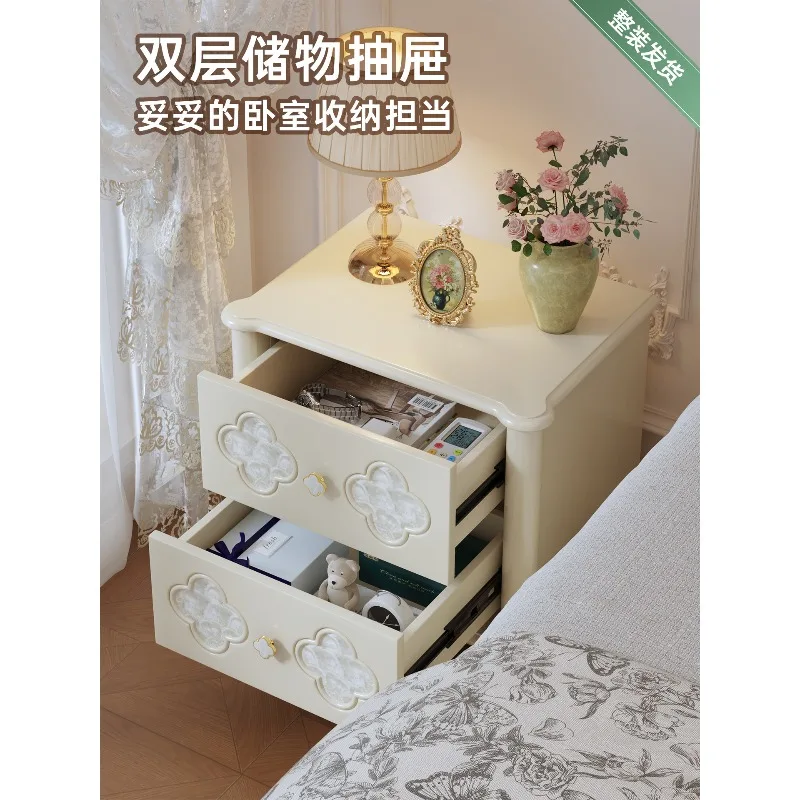 French Cream Wind Bedside Table Premium Sense Delicate Storage Bedside Table Solid Wood