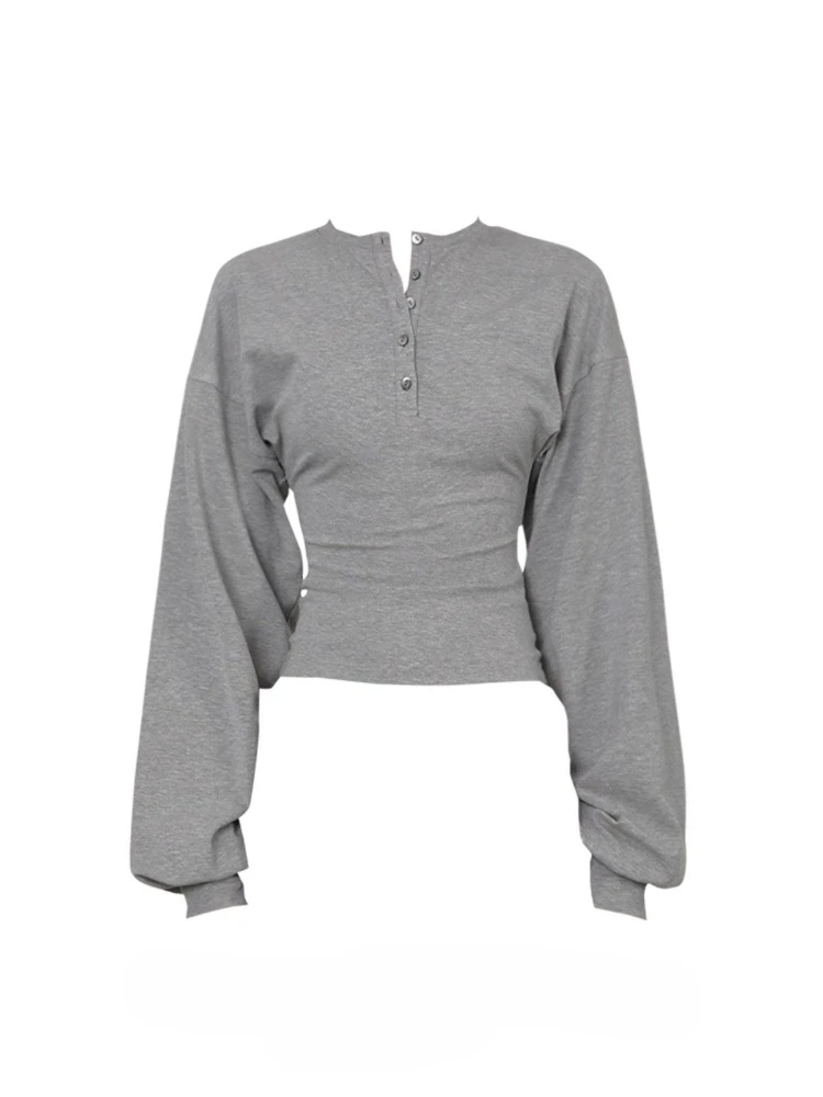 American Minimalist Slim Fit Crop T Shirt Women Autumn O-neck Lantern Long Sleeve Ruched Waist Sexy Casual Streetwear Outfit