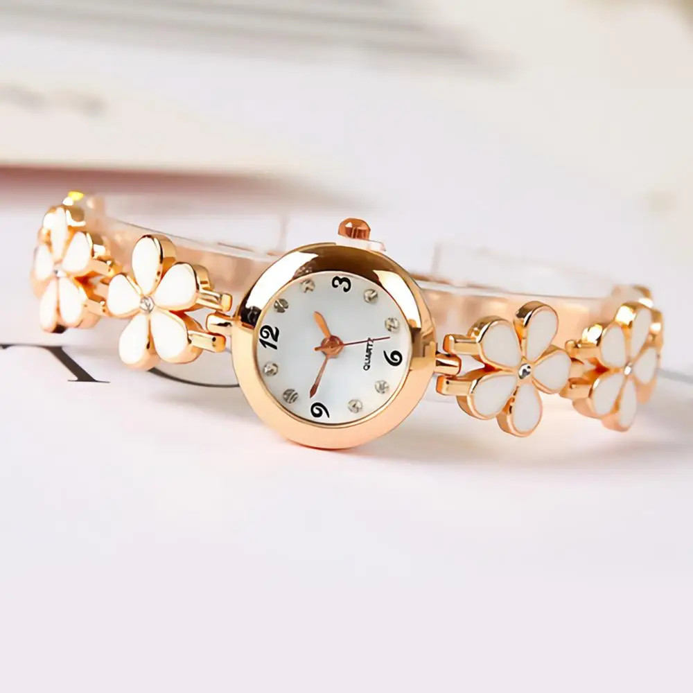 Reloj de cuarzo analógico de esfera redonda para mujer, pulsera de cadena de flores, relojes de pulsera de diamantes de imitación, relojes femeninos