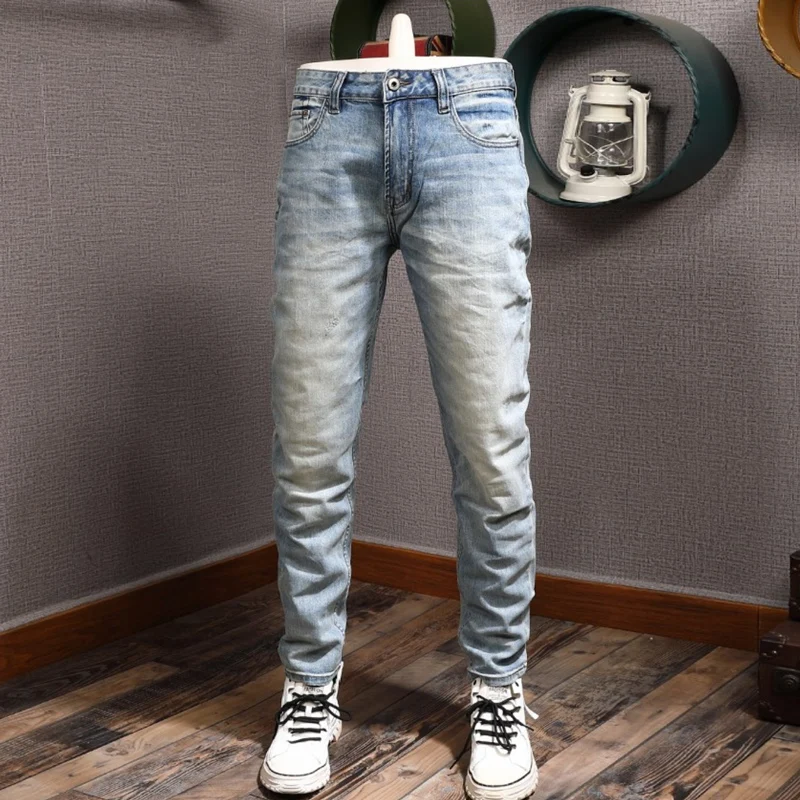 

Italian Fashion Men Jeans Retro Light Blue Elastic Slim Ripped Jeans Men Stretch Trousers Vintage Designer Denim Pants Hombre