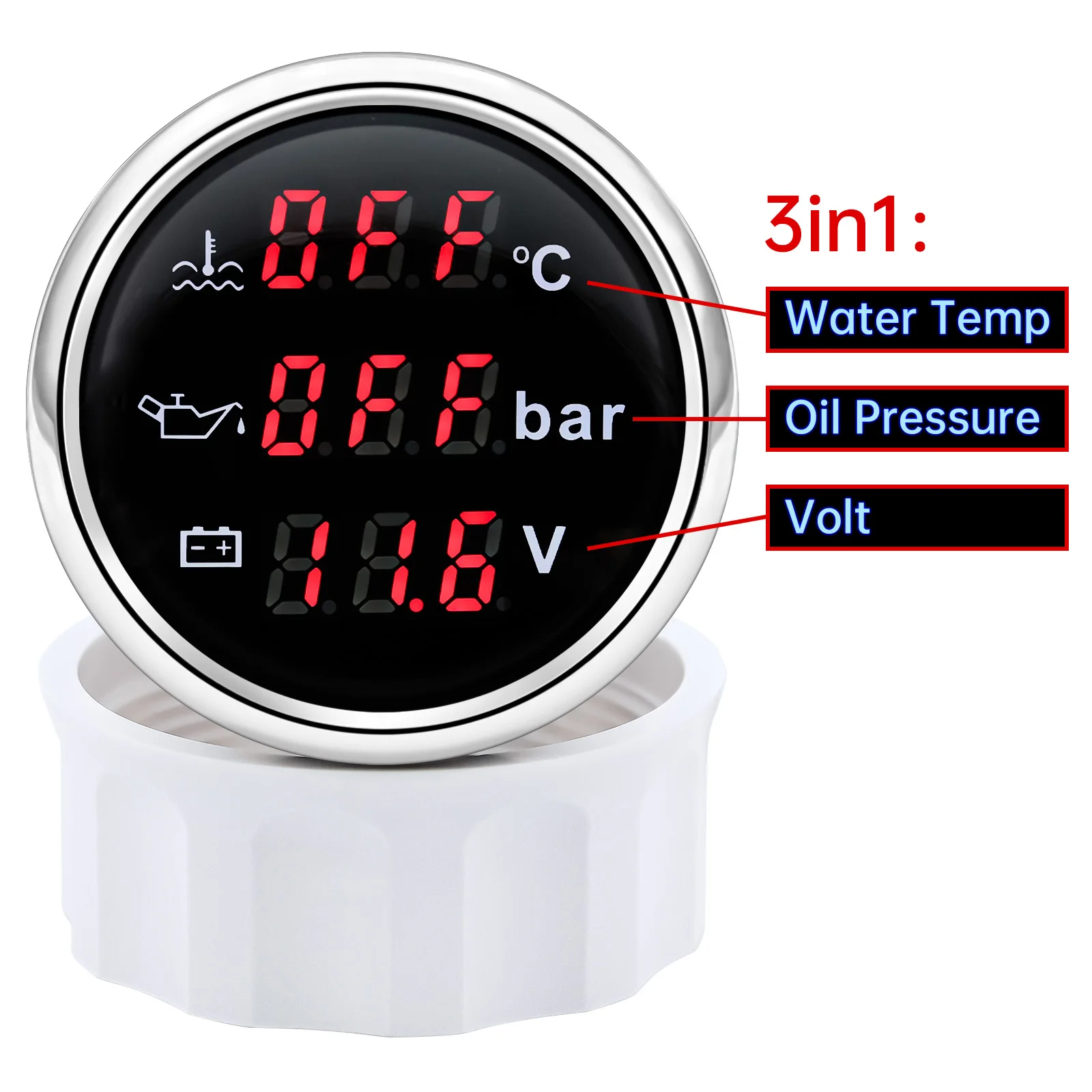 3 in 1 Multi-function Gauge Car Boat 52mm Gauge Water Temp Meter Oil Pressure Voltage With Alarm& Backlight Waterproof