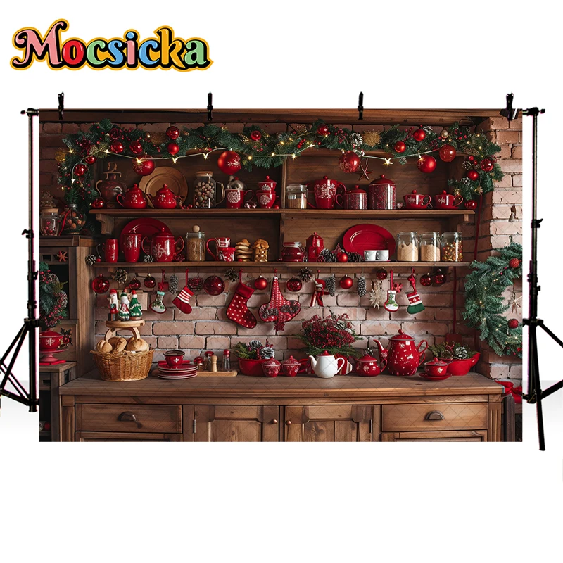 Mocsicka Christmas Kitchen Photography Backdrop Cupboard Retro Wood Wall Cook Decor Background Studio Newborn Baby Portrait Prop