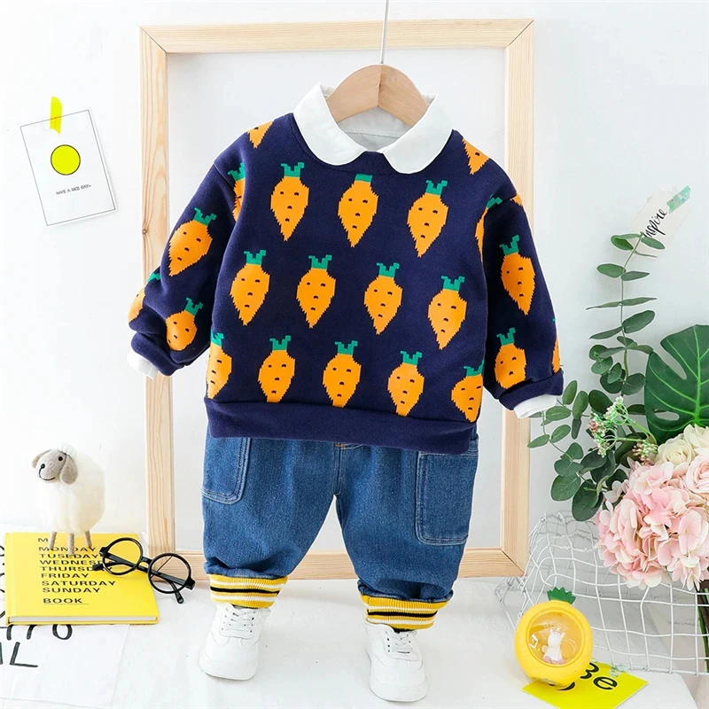 

Autumn Winter Baby Girls Boys Clothing Sets Children Casual Sweater Pants 2 Pcs Suit Warm Plush Kids Outfits Infant Clothes