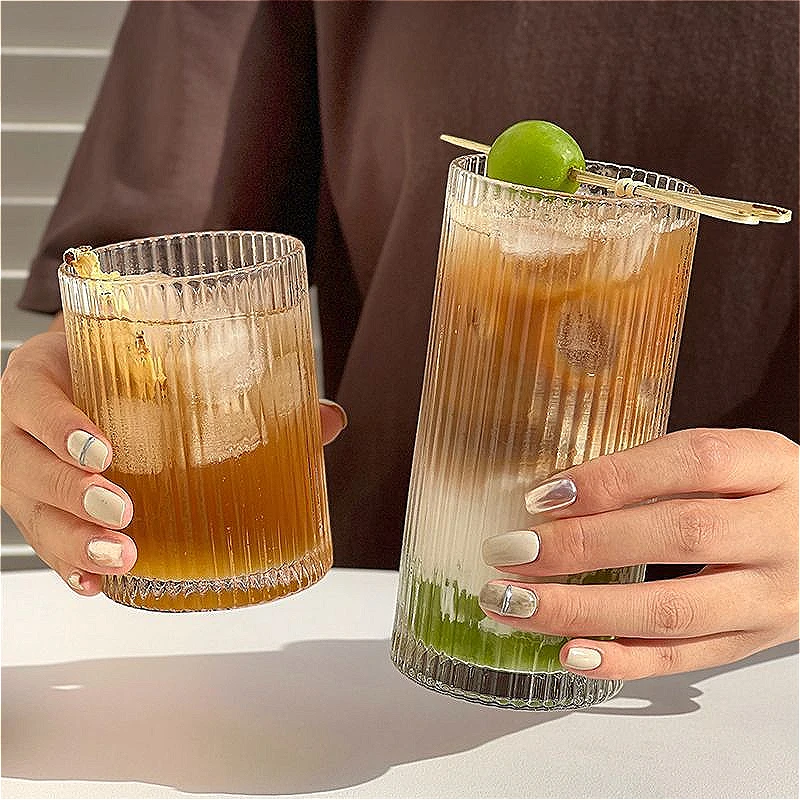 Taza de cristal a rayas de alta gama de 250ml/360ml, tazas simples para cóctel y Mojito, vasos exquisitos para beber, taza para batidos de fresa, taza para jugo