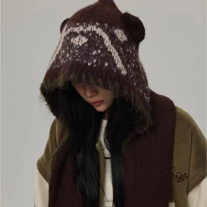 652F Knit Soft Hooded Hat Warm Headwear for Women Winter Cycling Climbing Skiing