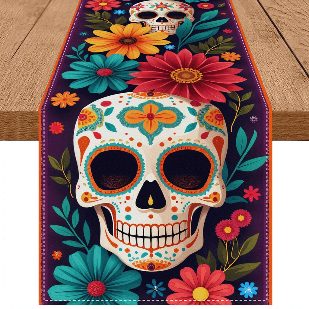 

Mexican Sugar Skull Floral Linen Table Runner for Kitchen Table Decor Mexico Day of The Dead Table Runners Halloween Decoration
