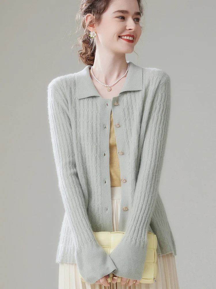 New Knitted Autumn Winter Women Cardigan Pure Cashmere Polo Collar Flare Sleeve Twist Flower Thick Cashmere Sweater Female Cloth