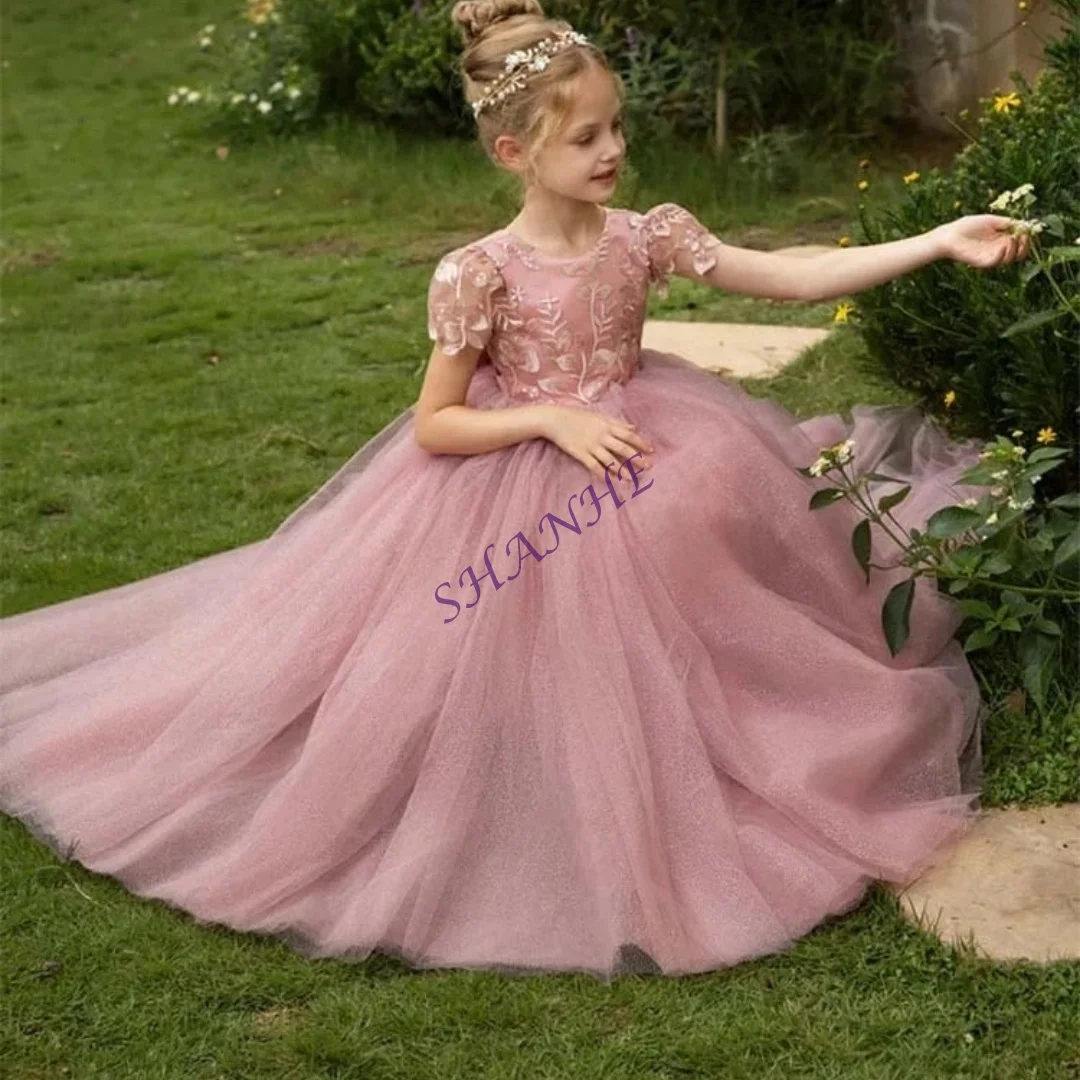 رشيقة الفتيات الكاحل طول الدانتيل فستان الأميرة مع القوس جولة الرقبة قصيرة الأكمام الزفاف زهرة فتاة فستان مخصص الاسمية مخصصة #2