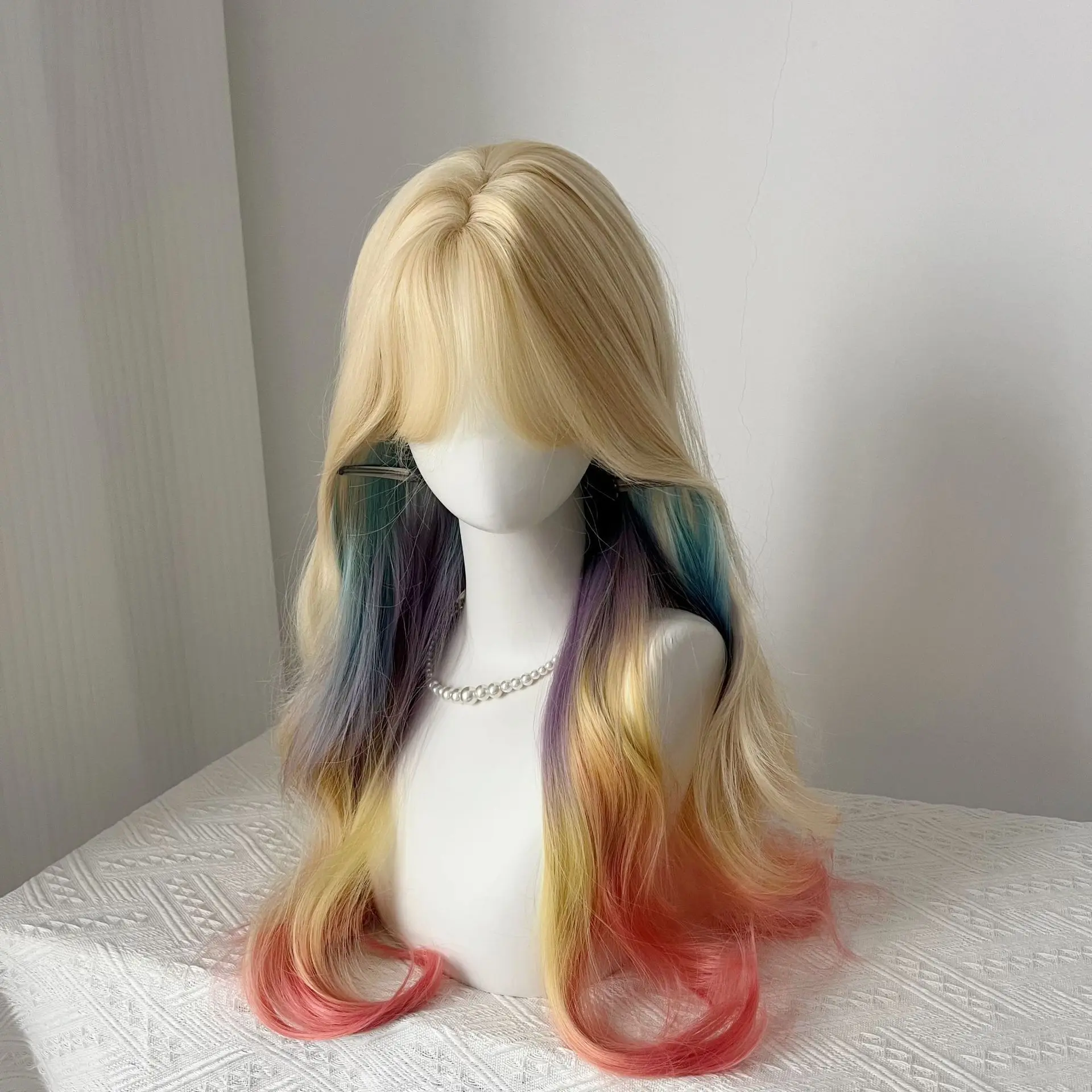 Dopamine Colorful Long Curly Wig Rainbow Gradient Ombre Synthetic Wig Natural Big Wave Lolita Cosplay Hairpiece