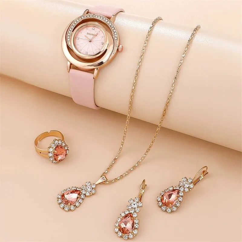 5PCS Set Luxury Watch Women Ring Necklace Earring Rhinestone Fashion Wristwatch Casual Ladies Watches Set Clock