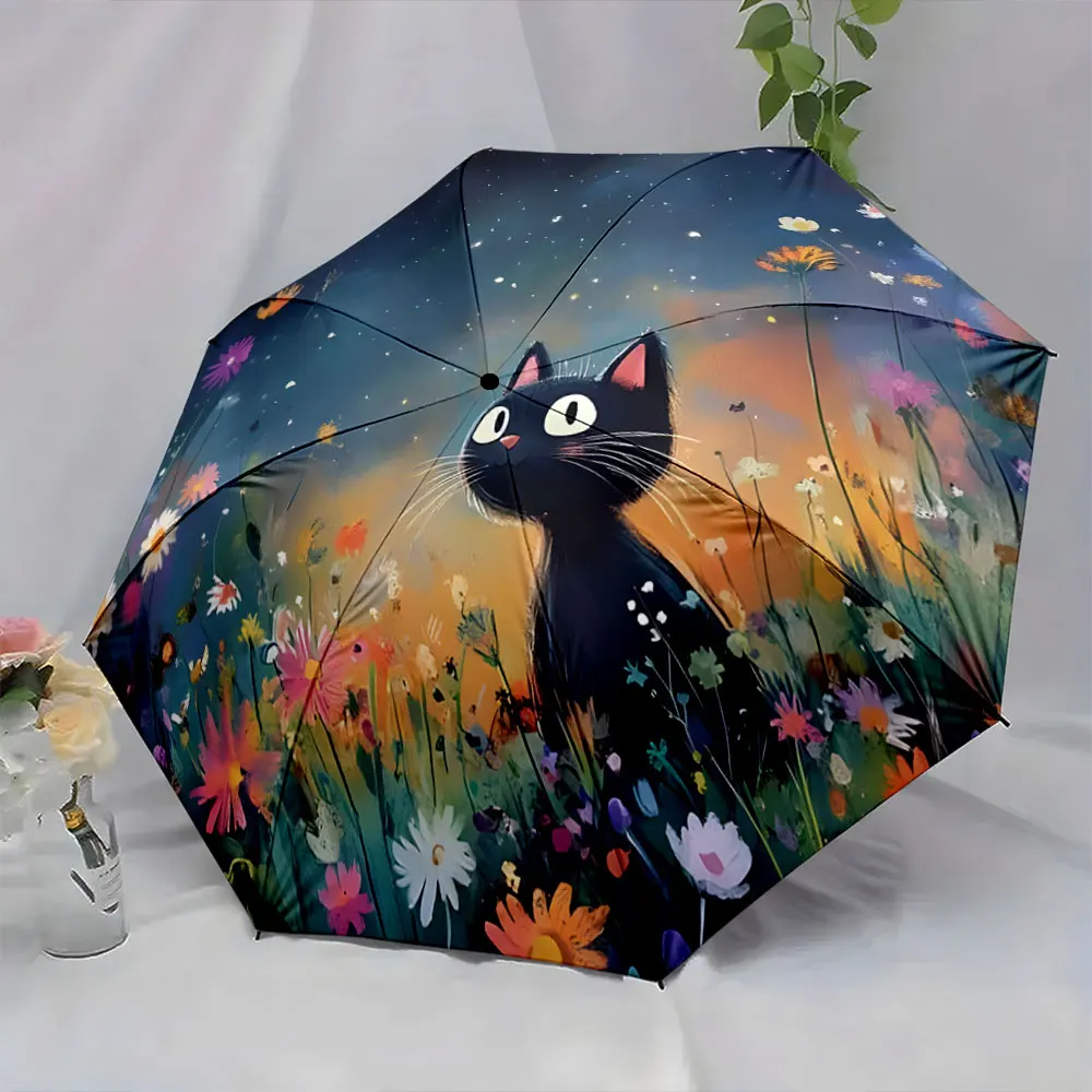 1PC Whimsical Black Cat in a Floral Field Design Umbrella Print 8 Iron Ribs Folding Umbrella Auto-Open Fashion Sunshade