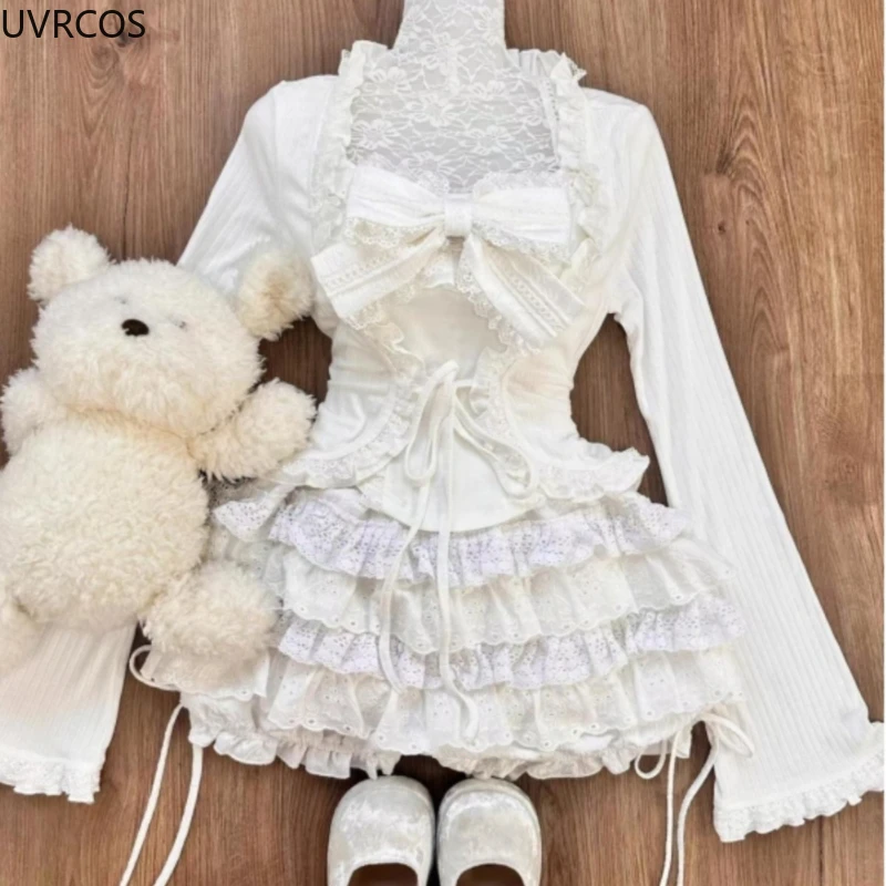 Japanese Sweet Lolita Style 3 Piece Sets Woman Cute Short Cardigan Bow Vest Y2k White Pleated Skirts Suit Gothic Kawaii Outfits