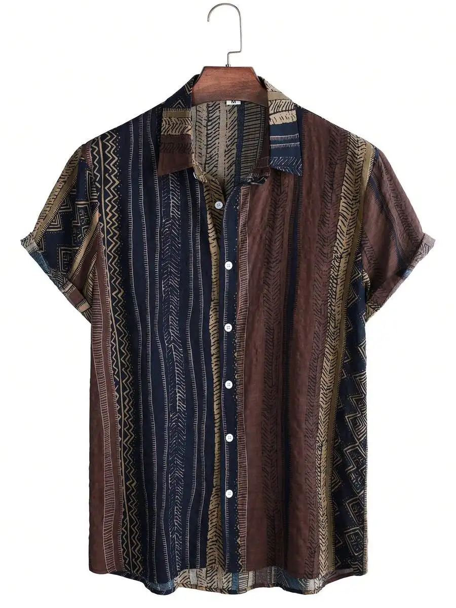 

Men's Short Sleeve Button-Down Shirt with Tribal Stripe Print, Casual Vintage Style
