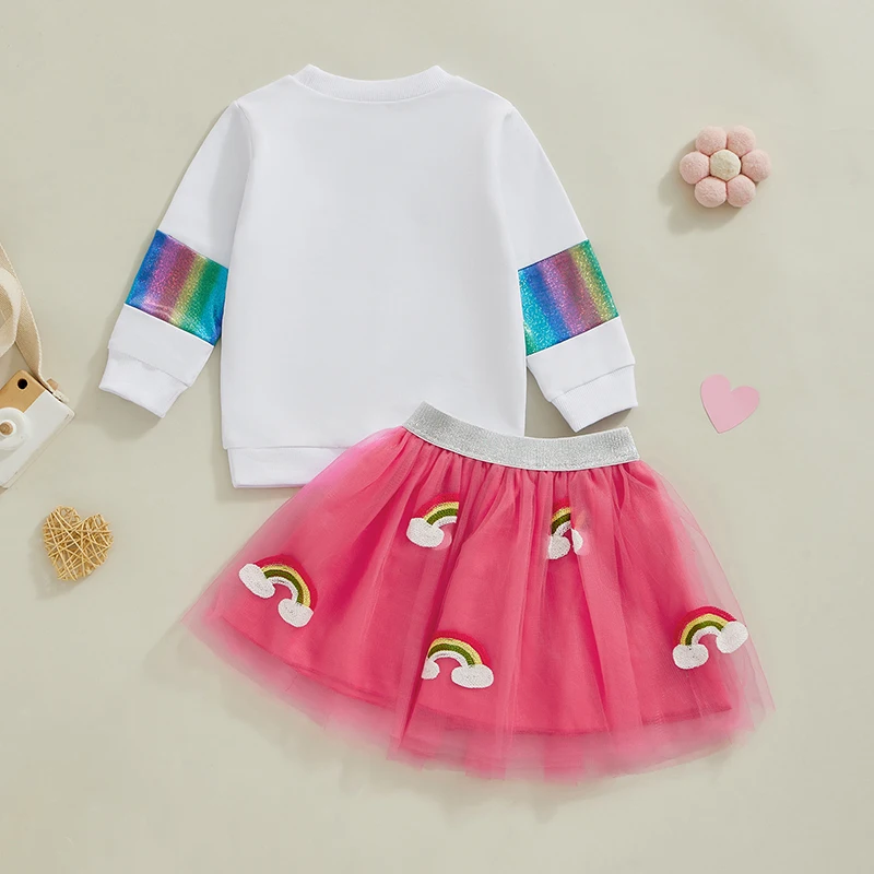 Blotona Toddler Girl Fall Outfit, Rainbow Letter Print Pullover Sweatshirt Elastic Waist Tulle Skirt Birthday Clothes Set