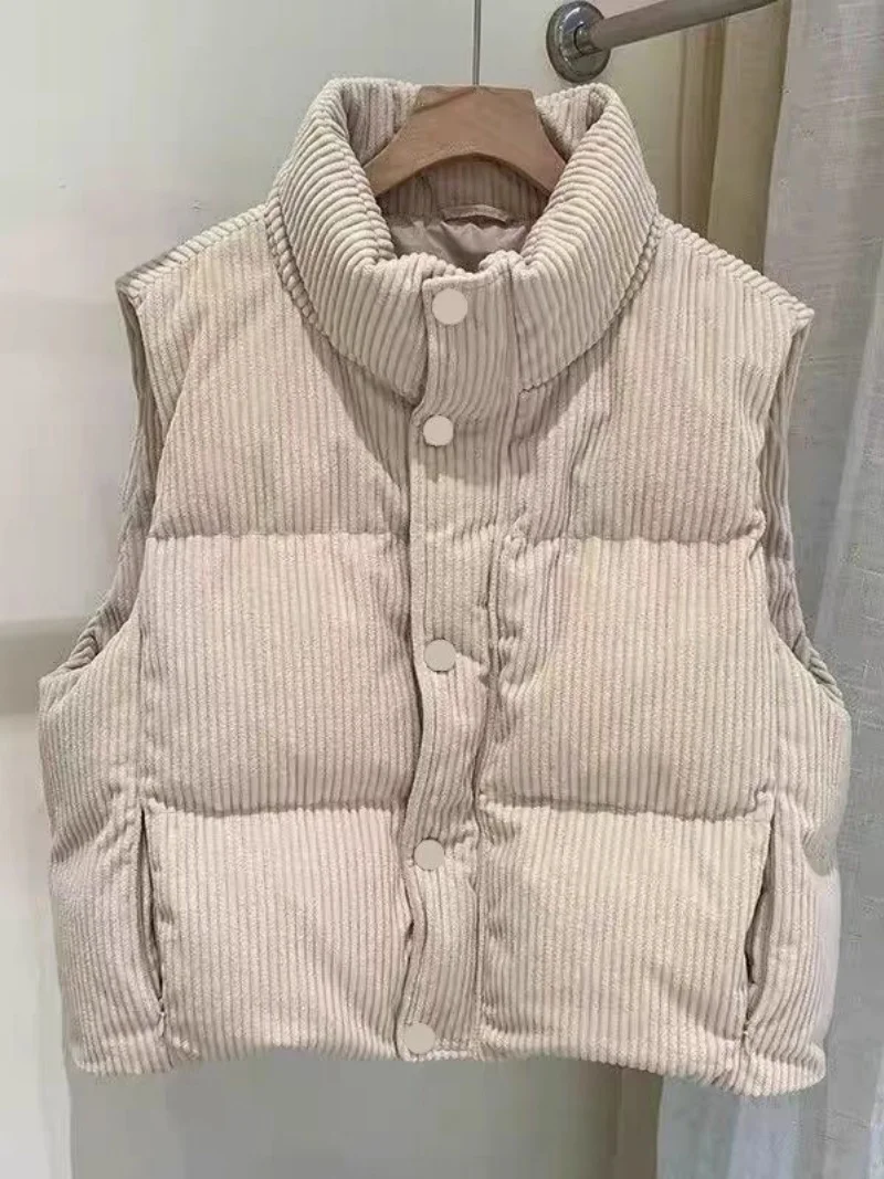 

Corduroy Cotton Jacket Vest Women's Short Style 2025 Autumn Winter Korean Version Stand Up Collar Loose Fashion Loose Coat W1805