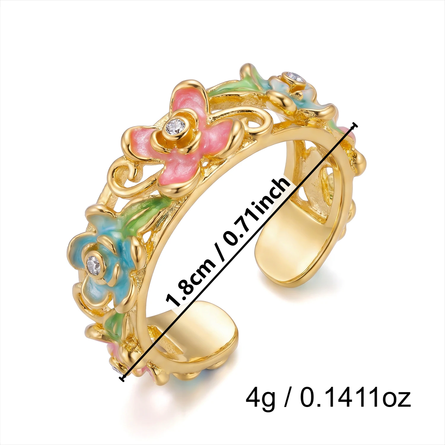 Vintage Bunter Blumen-Emaille Offener Ring für Frauen Kreativer Roter Strass Fingerring Exquisiter Charm Party-Schmuck Geschenke – Detail 9