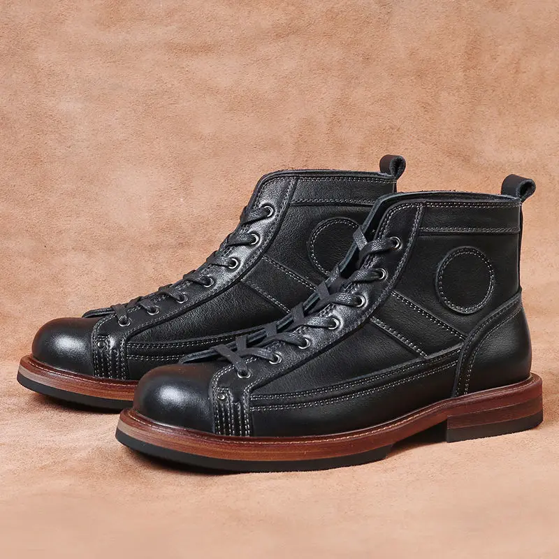 

Short Face Workwear Boots with Retro Stitching High Top Round Toe Men's Cowhide Motorcycle Men's Work Boots