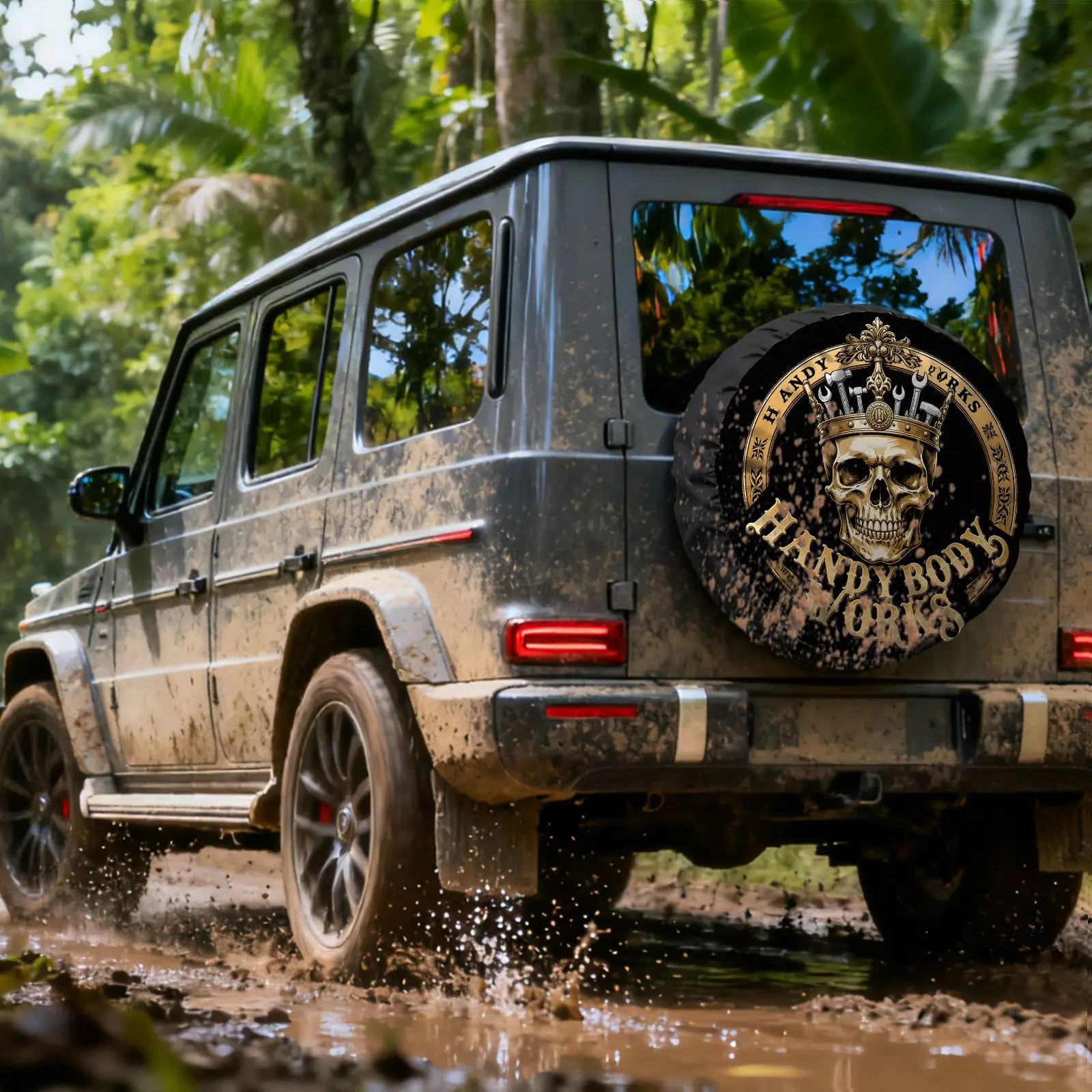 Golden Skull Crown Tool Pattern Tire Cover Made Of Polyester Fiber, Decorative Spare Tire Cover Suitable For Rvs, Suvs, And Truc