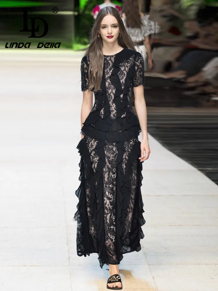 

LD LINDA DELLA Round Neck Short Sleeved Lace Ruffle Edge Patchwork Waist Bag Princess Style Long Dress 2025 Summer New Style