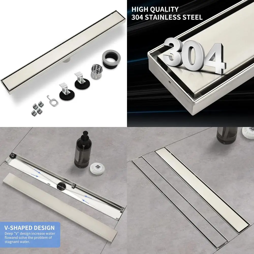 

18 Brushed 304 Stainless Steel Rectangular Shower Drain with Tile-In Pattern Cover and Hair Catcher