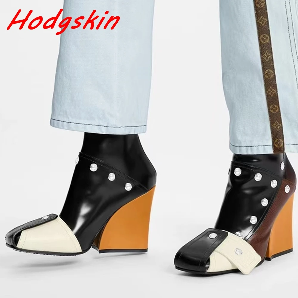 Novelty Button Toe Women Boots Mixed Colors Zipper High Wedges 2024 Newest Runway Show Fashion Leather Ankle Boots