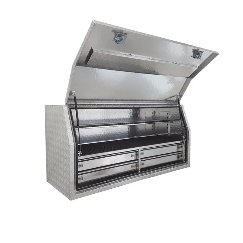 for 1.3m Custom Heavy Duty Secure Outdoor Aluminum Checker Truck Bed Tool Box with Two Lower Drawers Waterproof Protection
