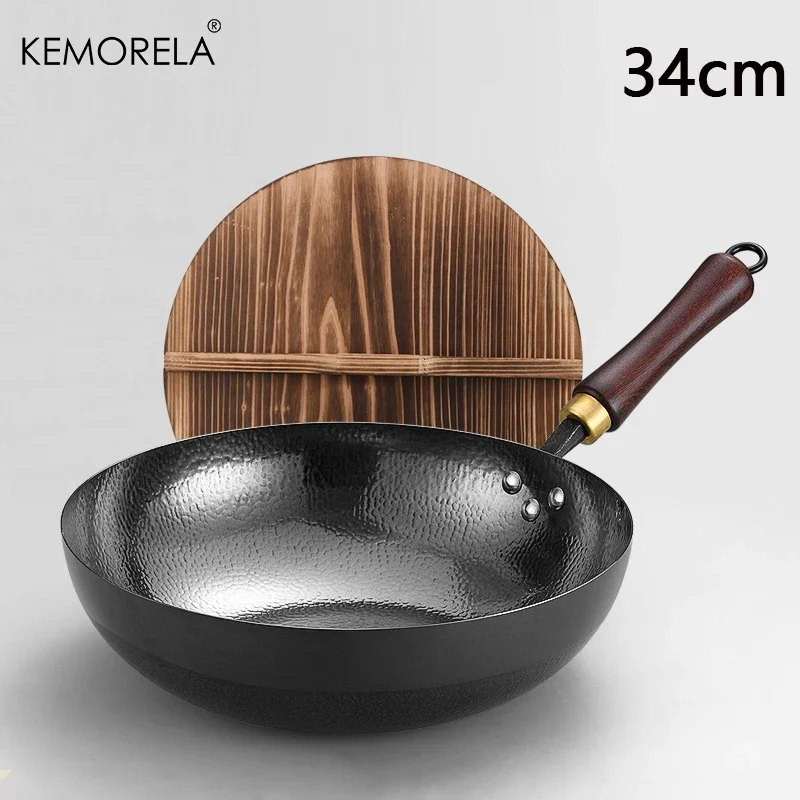 KEMORELA 32/34CM Iron Wok Cast Iron Pan Non-coated Pot General Use For Gas And Induction Cooker Chinese Wok Cookware Pan