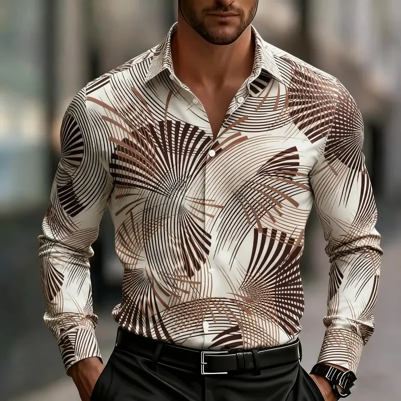 Men's long-sleeved geometric 3D print shirt, stylish button-down shirt, modern fan-shaped and striped pattern for everyday wear.