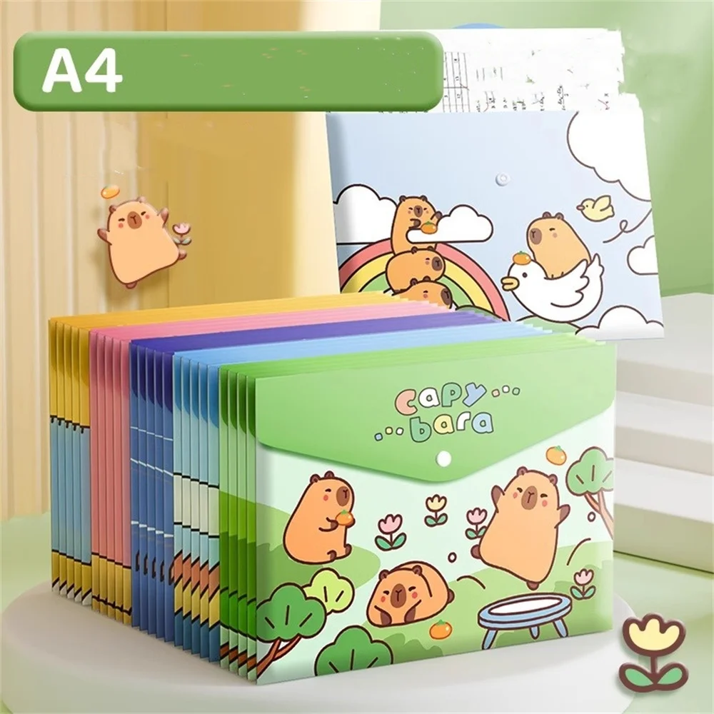 5Pcs Cartoon A4 File Folder Cute Capybara Panda File Bag Student Waterproof Transparent Test Paper Snap Stationery Storage Bag