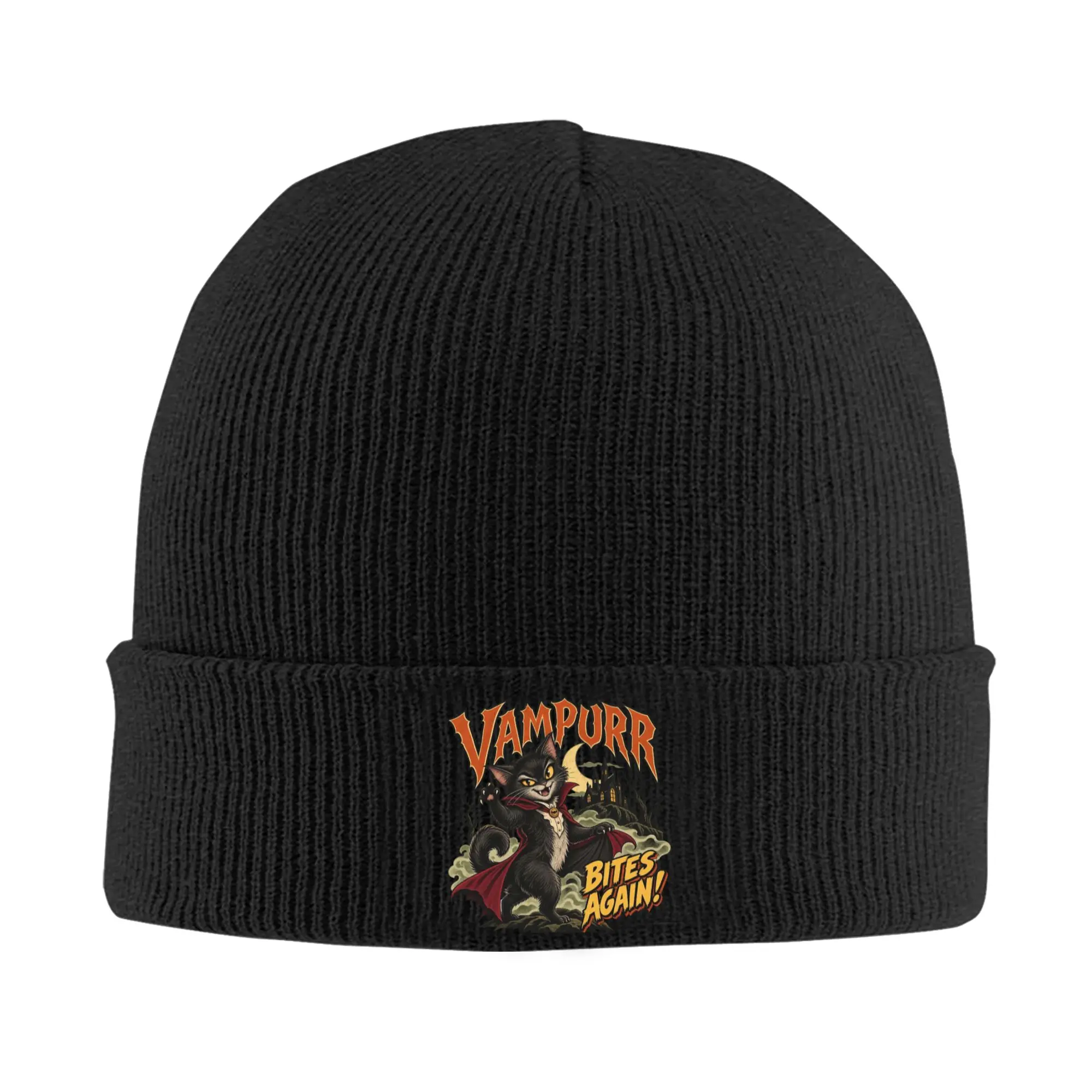 Vampurr Bites Again Halloween Vampire Cat Knitted Caps for Women Men Skullies Beanies Autumn Winter Hat  Warm Melon Cap