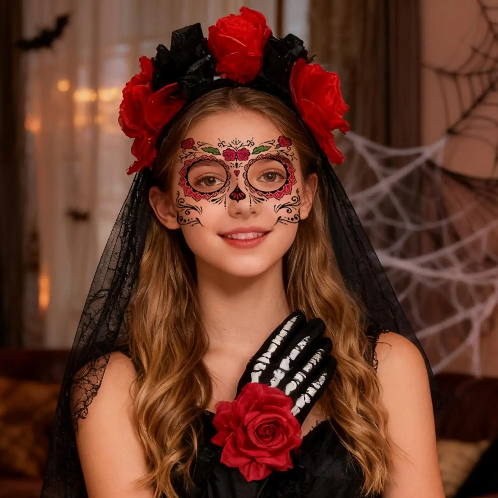 

Костюм Day Of The Dead, комплект одежды, макияж для лица, комплект вуаль Day Of The Dead для женщин и взрослых, лицо невесты, Хэллоуин, косплей