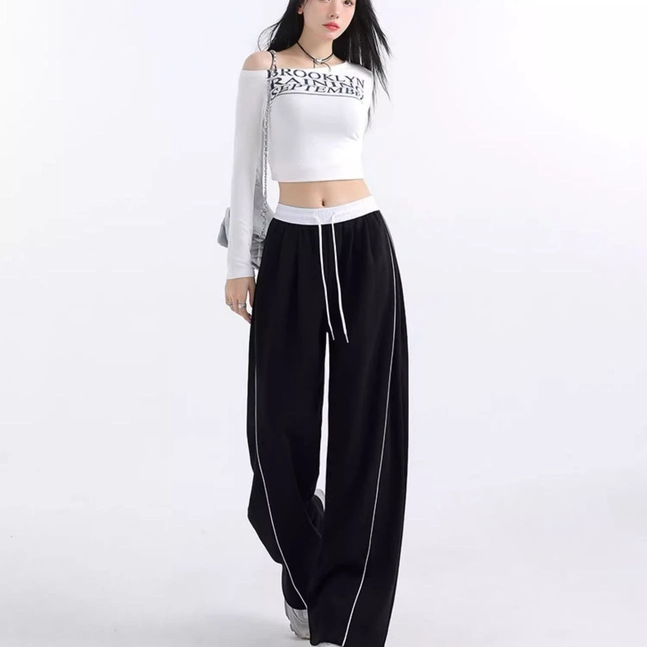 Women Wide Leg Sweatpants High Waist Color Block Joggers Drawstring Baggy Streetwear Casual Fall Sport Trousers