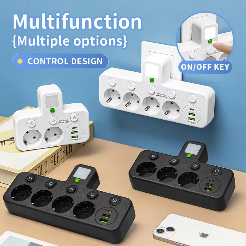EU Wall Socket Multi‑Outlet Plug Adapter, No Extension Cable, Individual Switch Night Light, Available With USB‑C Charging Port