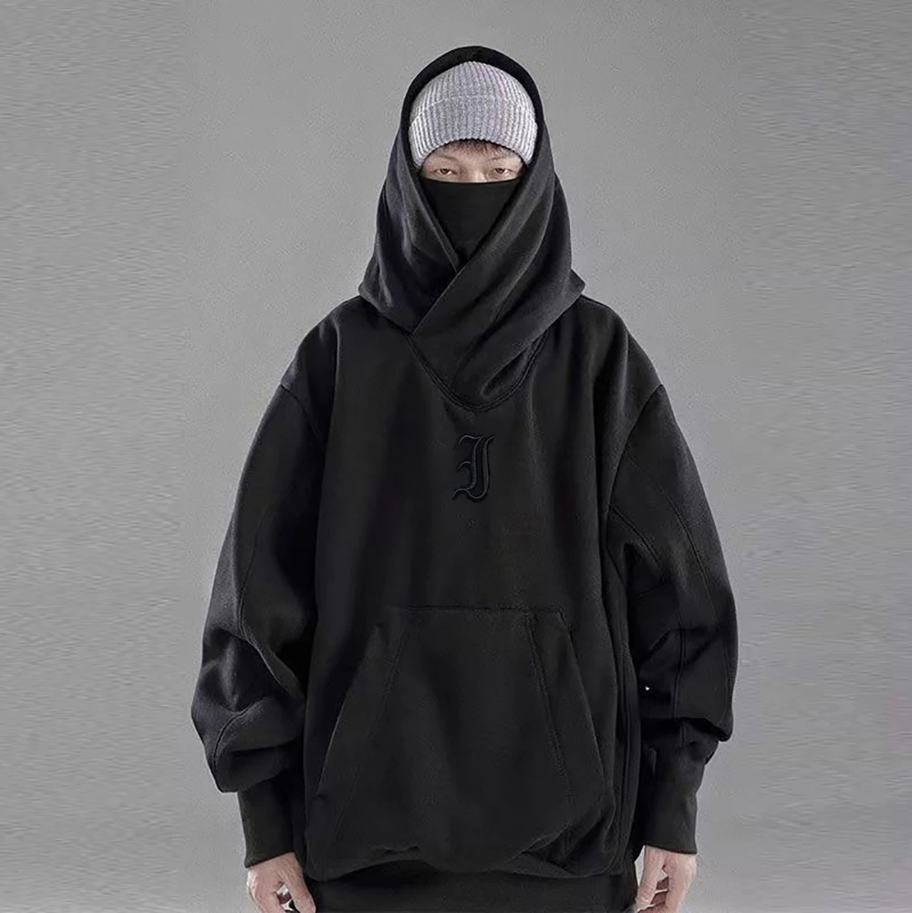 Japanese Harajuku Urban Streetwear Cyber Punk Y2K Scarf Collar Pullover Oversized Techwear Hoodie For Men Black Dark Grey