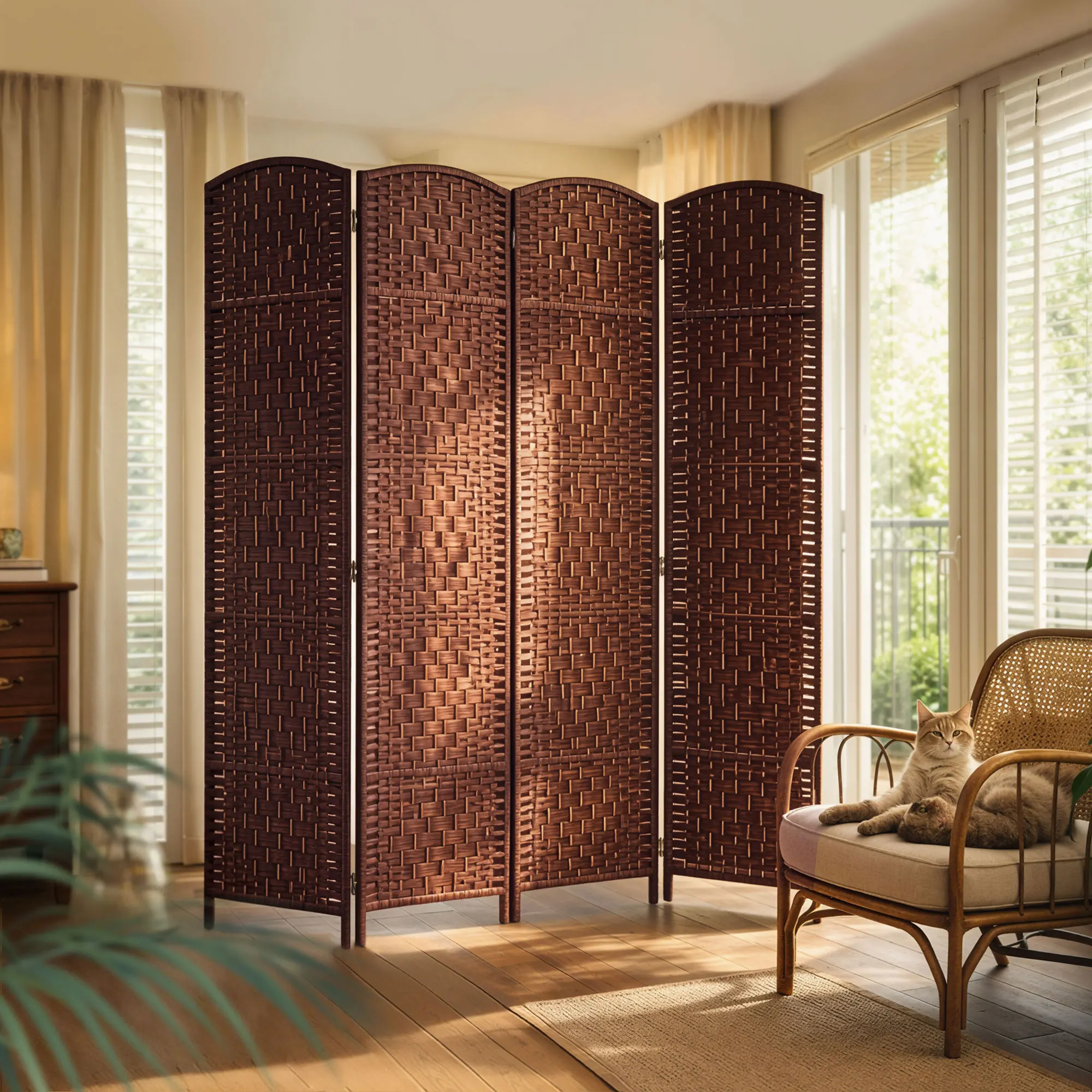 Homcom Room Divider 4 Panels, 6 Feet Tall Folding Privacy Screen, Freestanding Handwoven Partition for Room Separation, 360-Degree Rotation °     Hinge, Paper Rope Diamond Weave, Brown
