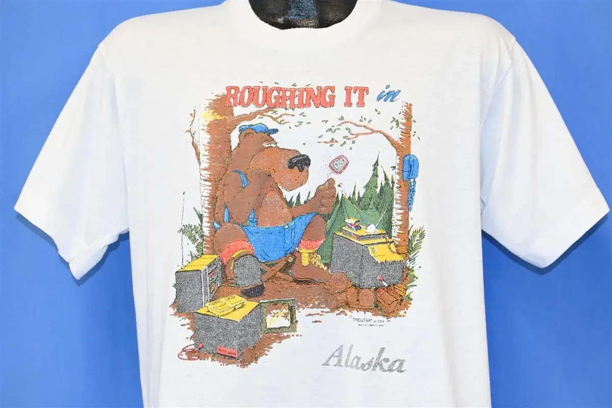 80s Roughing It In Alaska Camping Bear Cartoon Wilderness T Shirt Large
