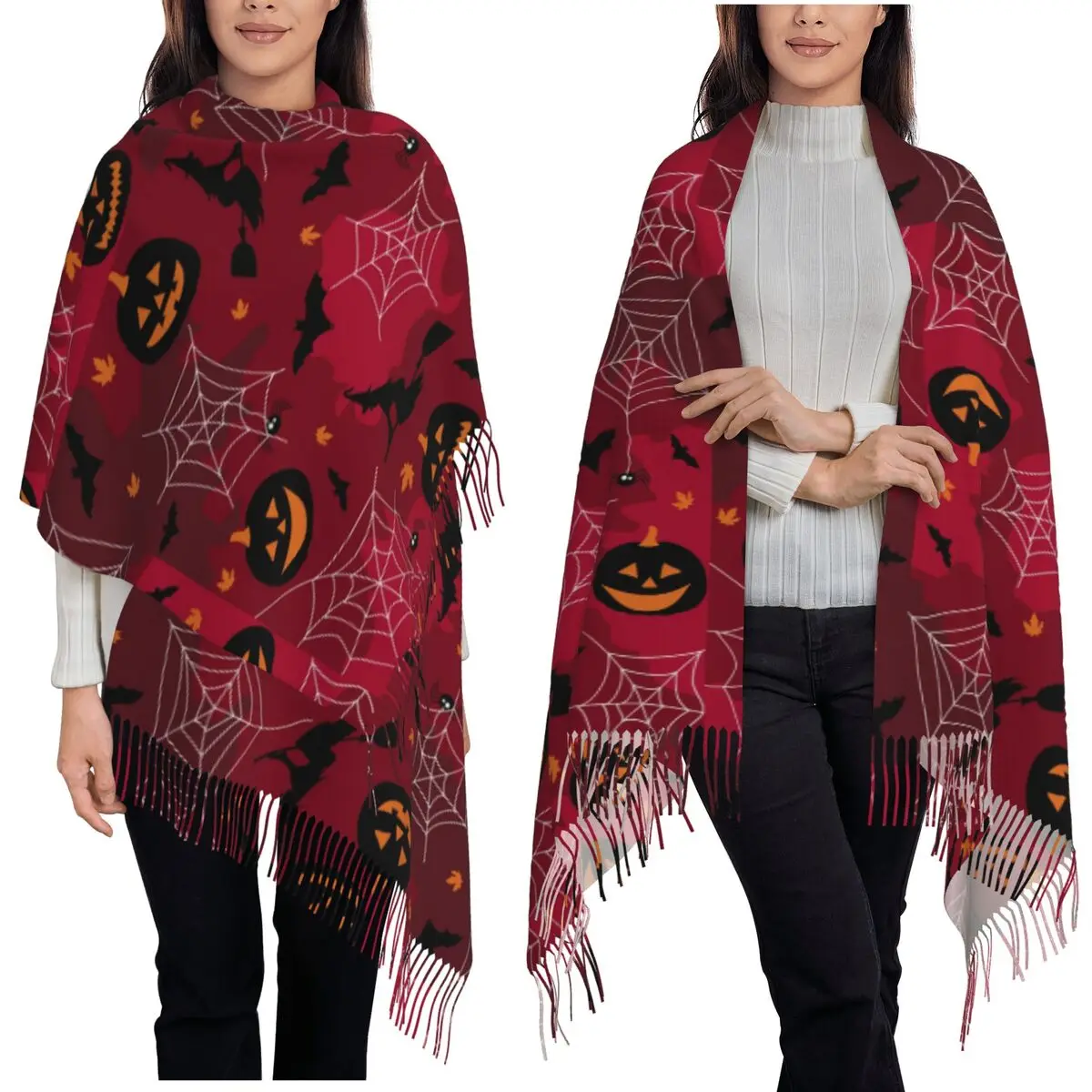 Halloween Black Cat Spider Gothic Witch Scarf Tassel Scarves for Women Soft Warm Shawls and Wraps Large Fall Winter Shawl Wrap