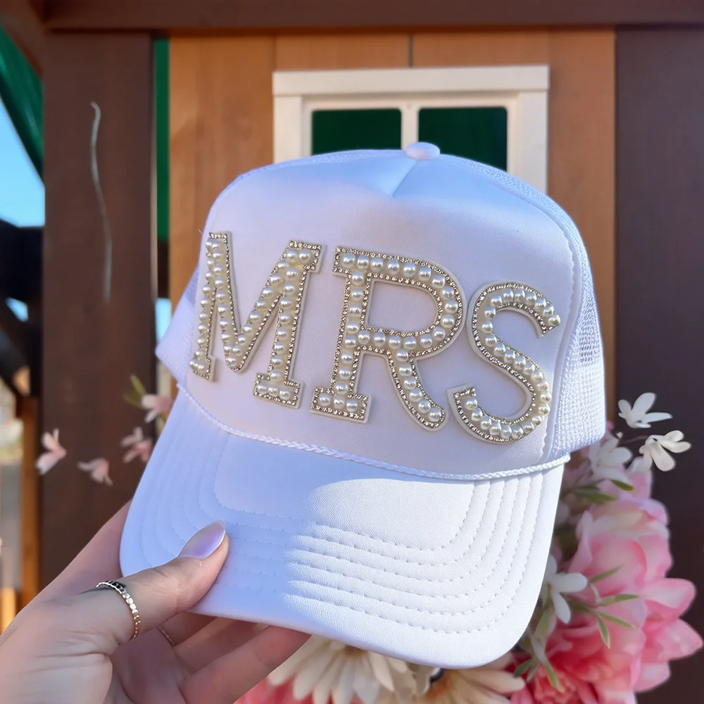 Sombrero de perlas para señora, regalo de boda para novia, recuerdo de fiesta de despedida de soltera con letras de señora, accesorio para fotografía de boda, regalo de recuerdo para novia