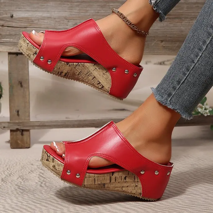 Women's 2026 New Style Rivet Trimmed Fish Mouth Open Toe Slippers Summer Wedge Heel Non-slip Comfortable Open Toe Slippers