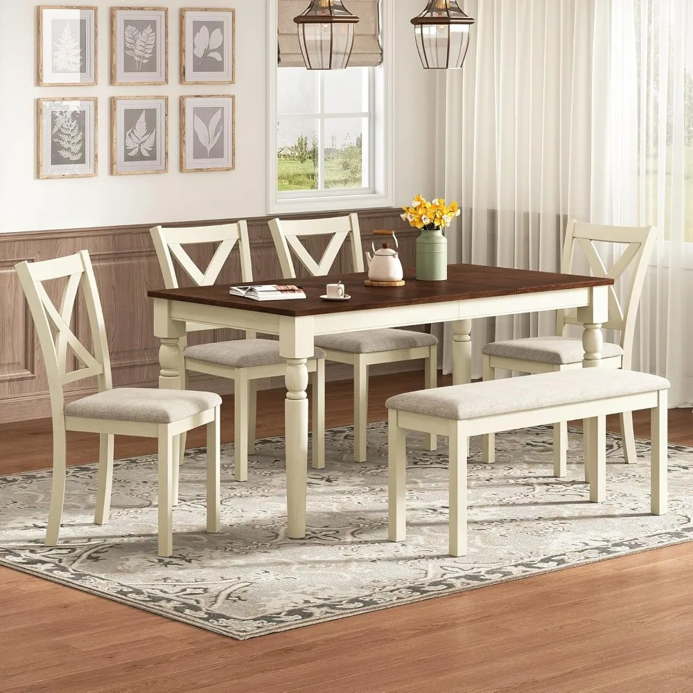

6-Piece Farmhouse Dining Table Set, 60” Solid Wood Table, 4 Upholstered Chairs and Bench, Rustic White and Walnut Finish