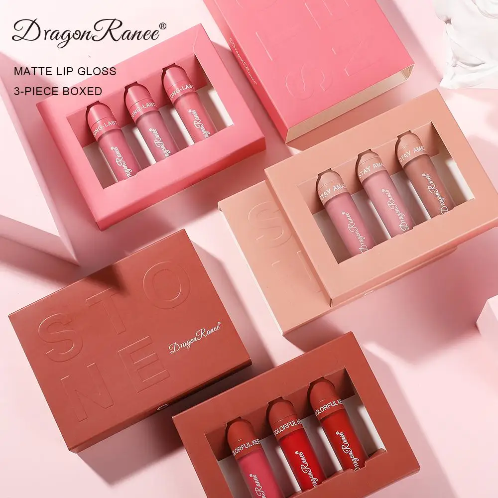 Set DROGAN RANEE Lippenglasur-Set, samtmatter flüssiger Lippenstift, langlebig, antihaftbeschichtet, Lippenkunst, Farbe, modisches Make-up, Geschenkbox